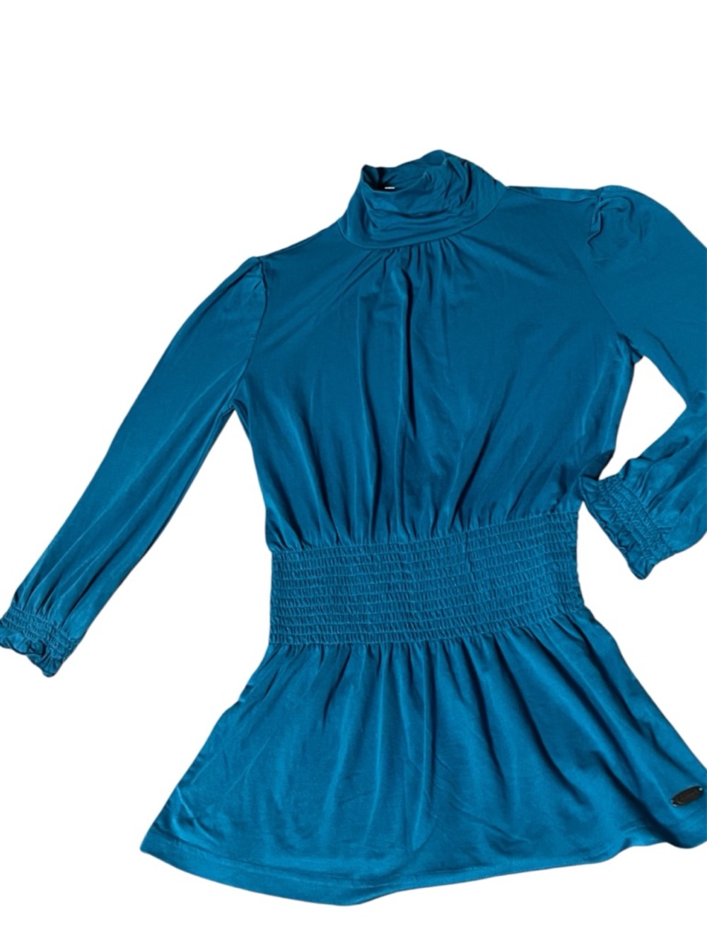Candie's Teal Blue Mock Neck Smocked Peplum Blouse Tunic Top Women's S NWT